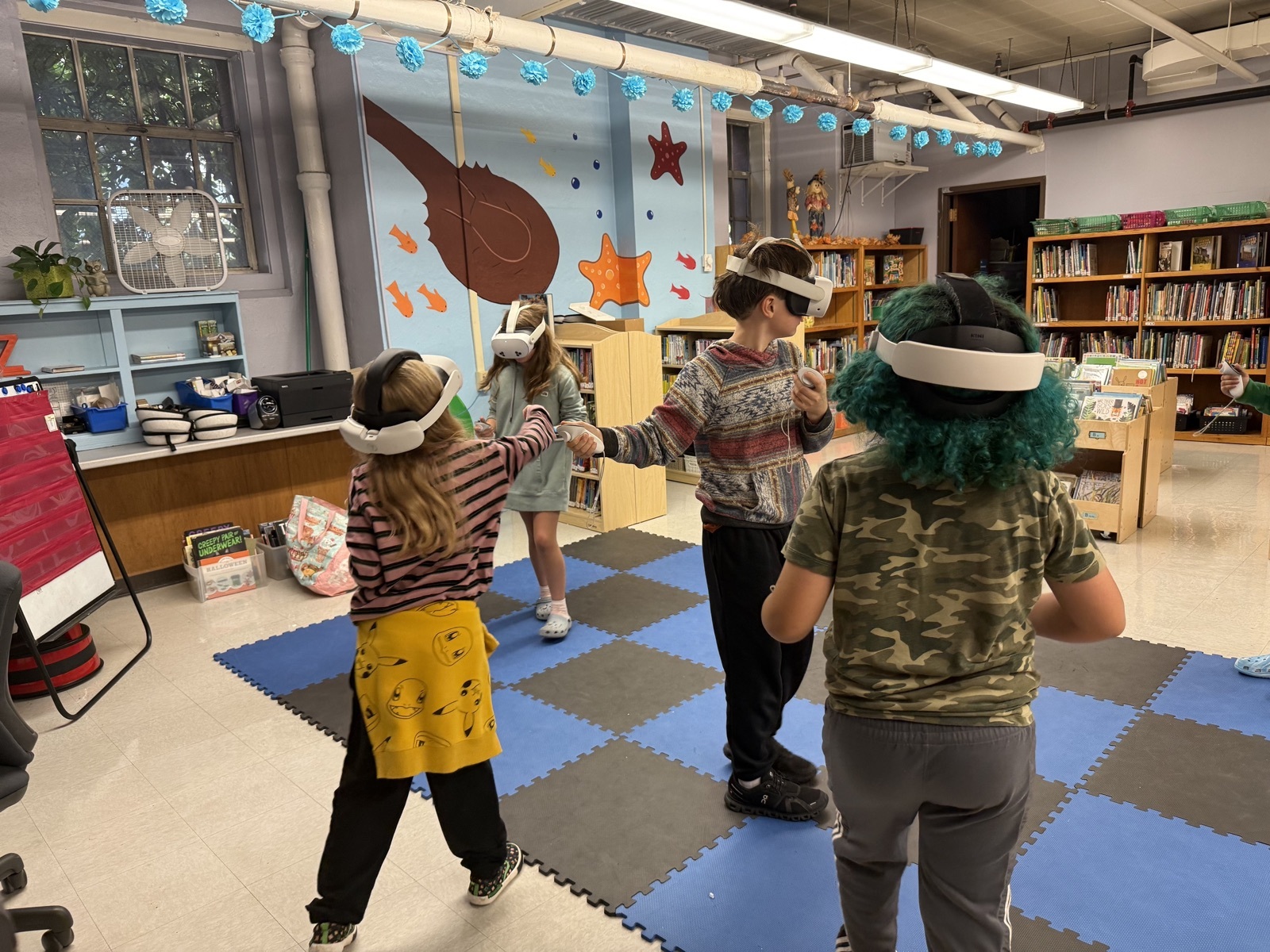 Students in VR headsets exploring careers together